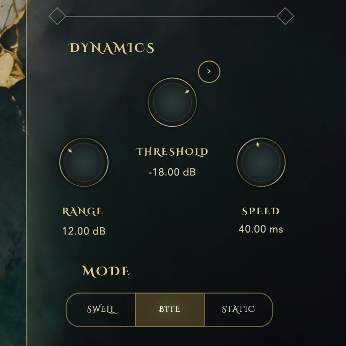 The Dynamics section: Threshold, Range and Speed knobs, and Swell, Bite and Static mode buttons.
